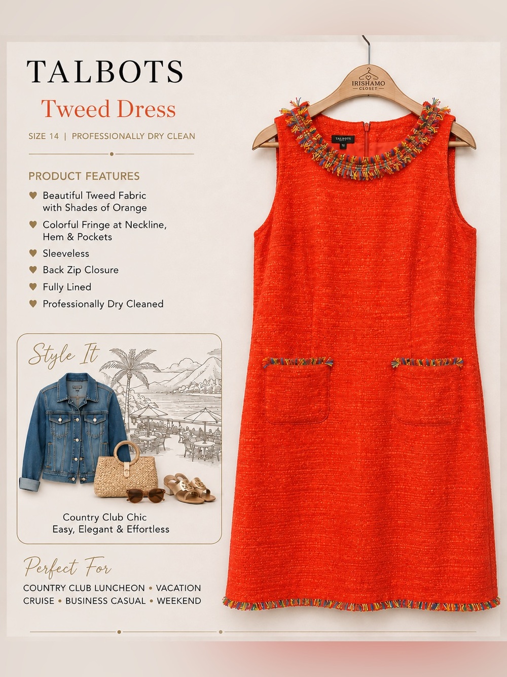 Talbots Orange Tweed Sleeveless Shift Dress with Multicolor Fringe | Size 14